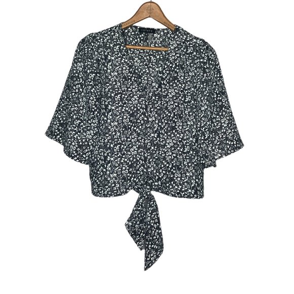 1.State XS Revolve Black Floral Crepe Bell Sleeve Boho Tie Front Crop Top Blouse - Picture 1 of 4